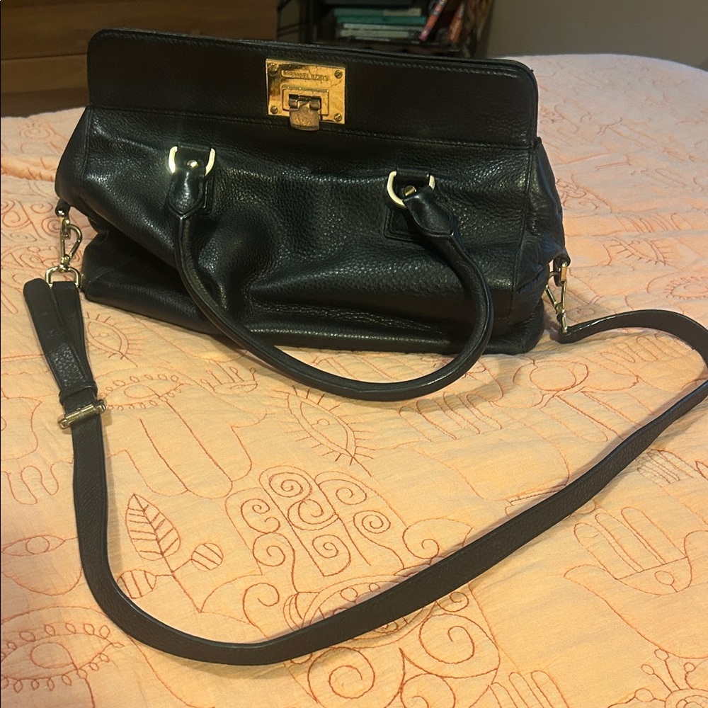 Navy blue Leather Shoulder Bag with Gold Hardware